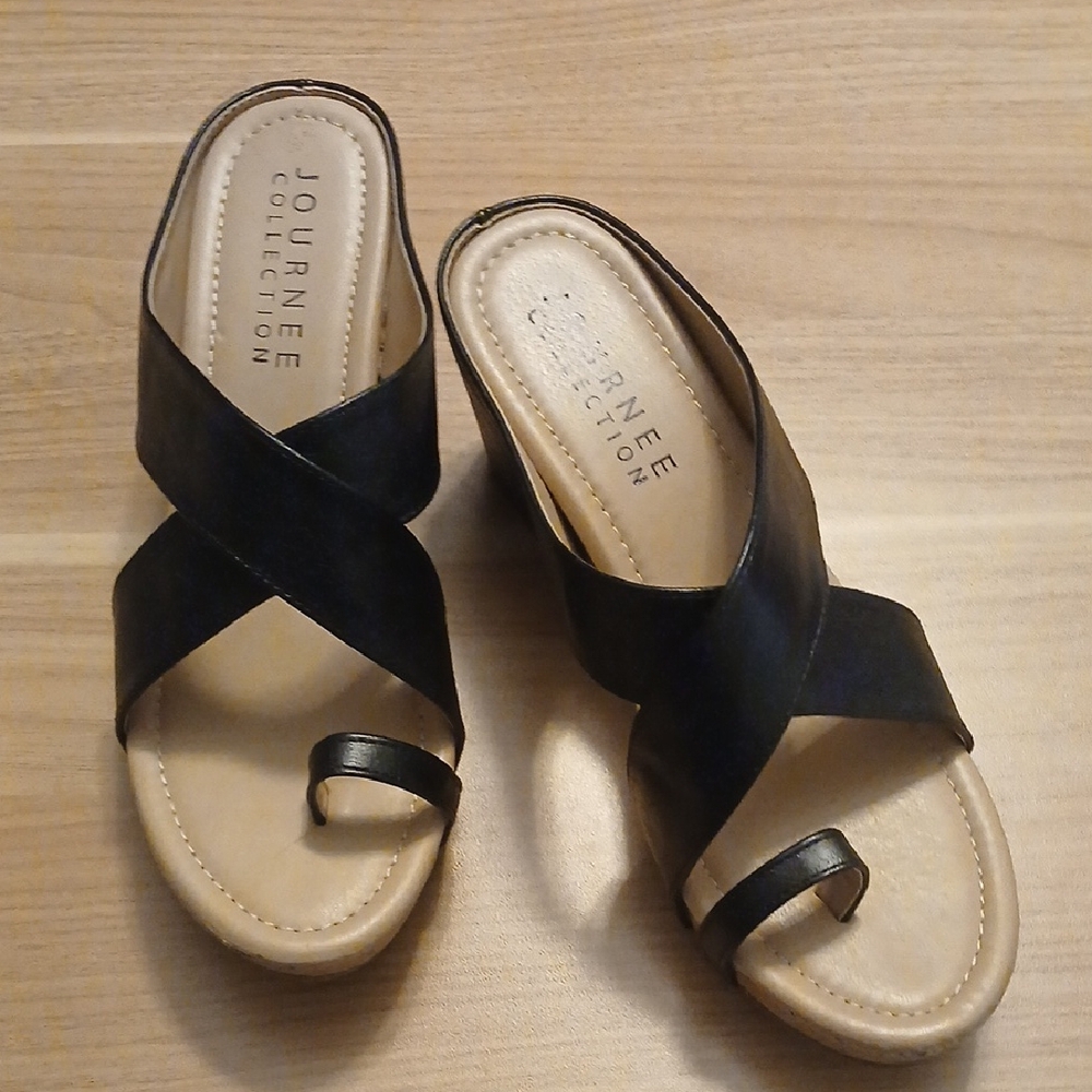 Journee Collection Black "Faux Leather"  Wedge Sandals in Size 7.5